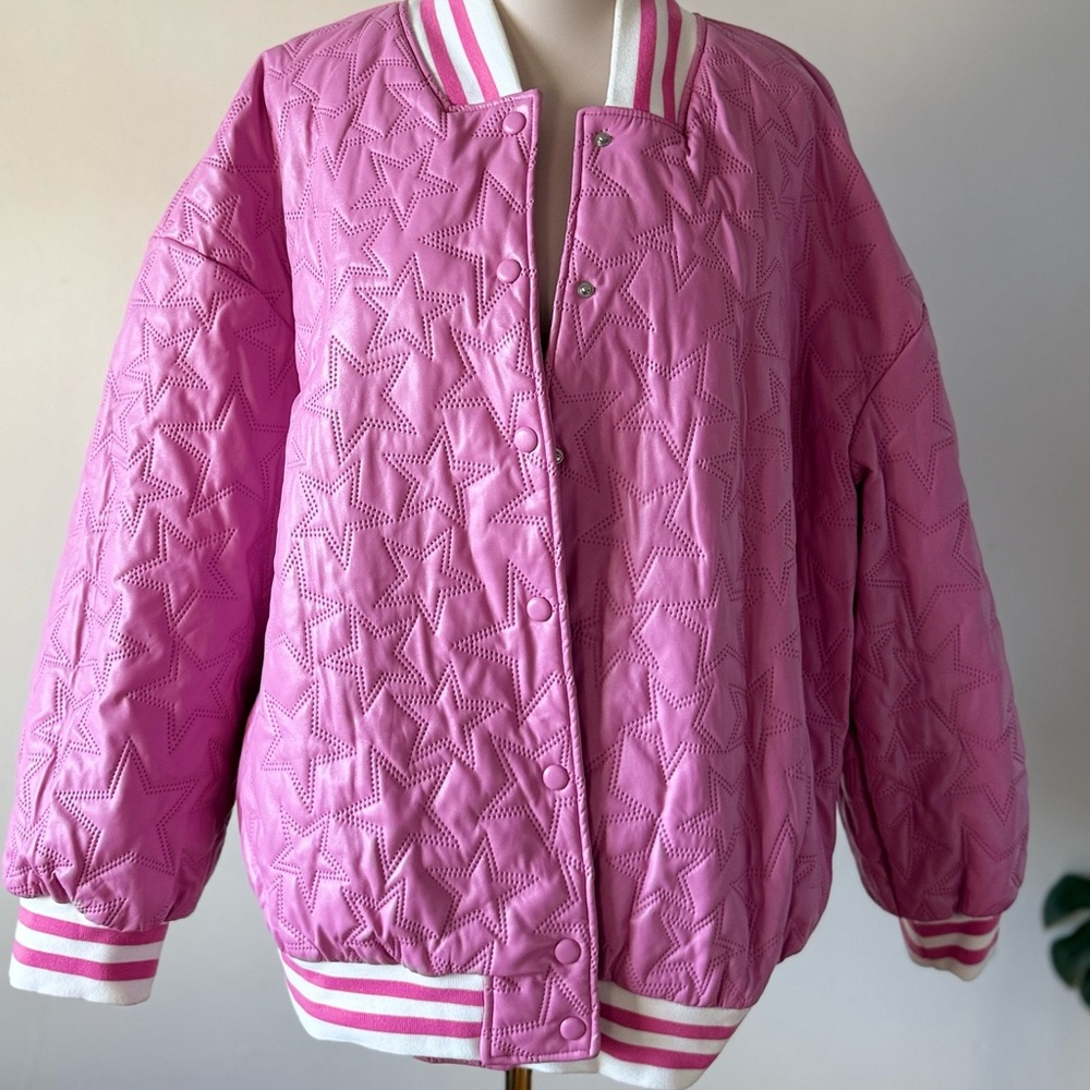 PU leather Stars Pink Bomber Jacket - Picture 2 of 12